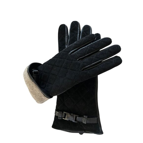 IL PASSO 100% Sheep Leather Black Quilted Gloves W/ Buckle Wool Blend Lining - Picture 2 of 9